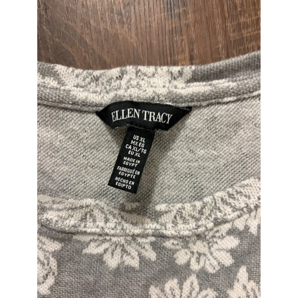 Ellen Tracy Heather Grey White Floral Jacquard Knit Sweatshirt Top XL Romantic - Picture 2 of 6